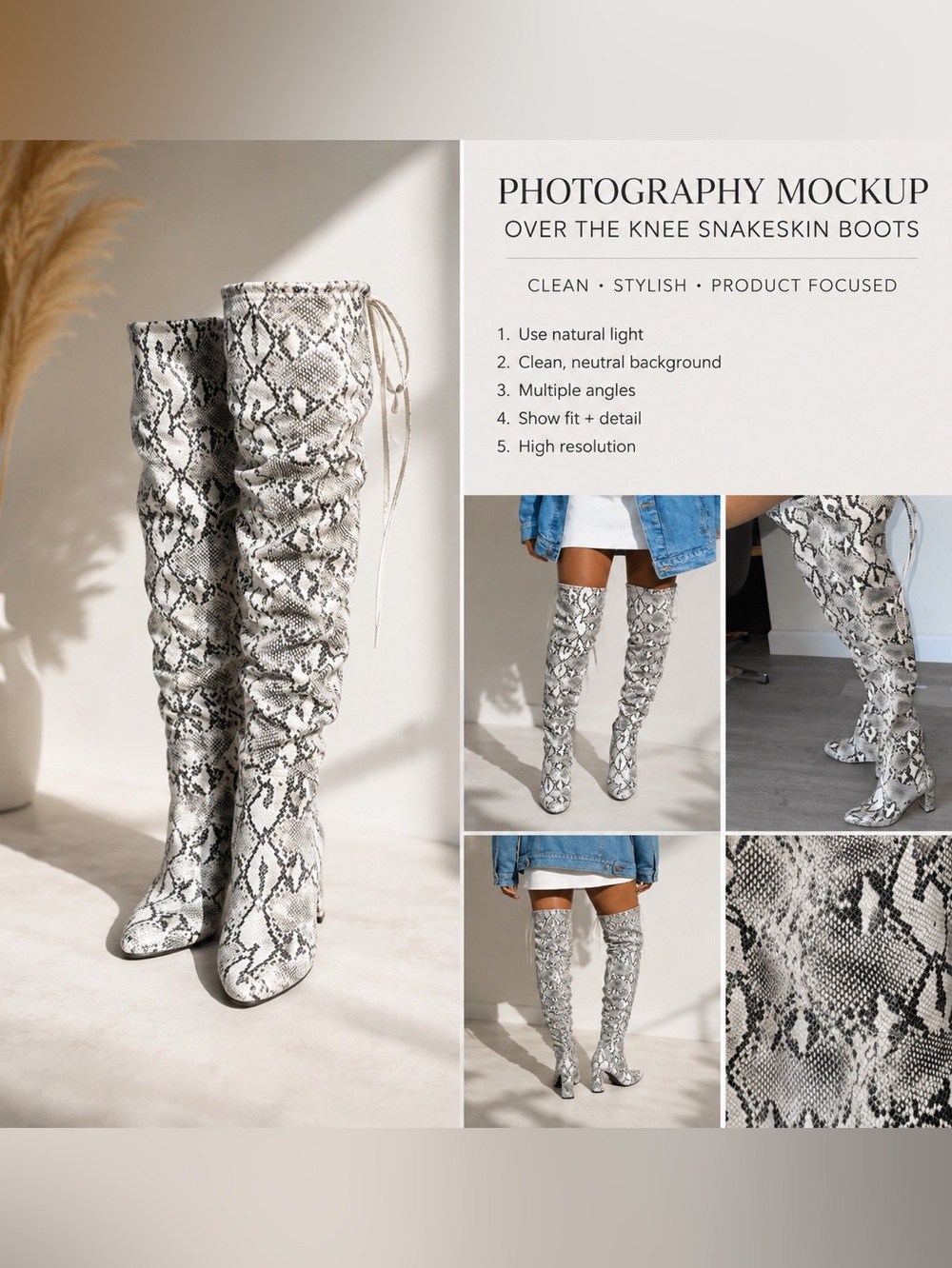 Snakeskin Over-the-Knee Boots - White/Gray/Black